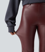 High Waisted Stretchy PU Fleece Casual Flare Trousers with Pockets — Andorra — view 6