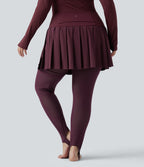 High Waisted Pleated 2-in-1 Contrast Mesh Quick Dry Dance Plus Size Stirrup Skirted Leggings with Pockets — Amaranth — view 2