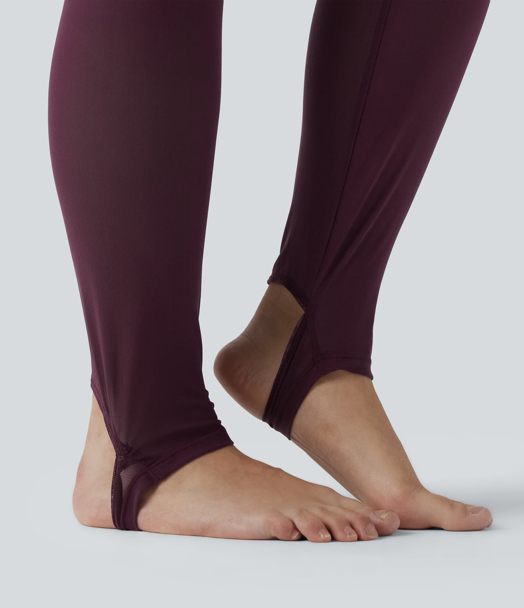 High Waisted Pleated 2-in-1 Contrast Mesh Quick Dry Dance Plus Size Stirrup Skirted Leggings with Pockets — Amaranth — view 7