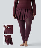 High Waisted Pleated 2-in-1 Contrast Mesh Quick Dry Dance Plus Size Stirrup Skirted Leggings with Pockets — Amaranth — view 1