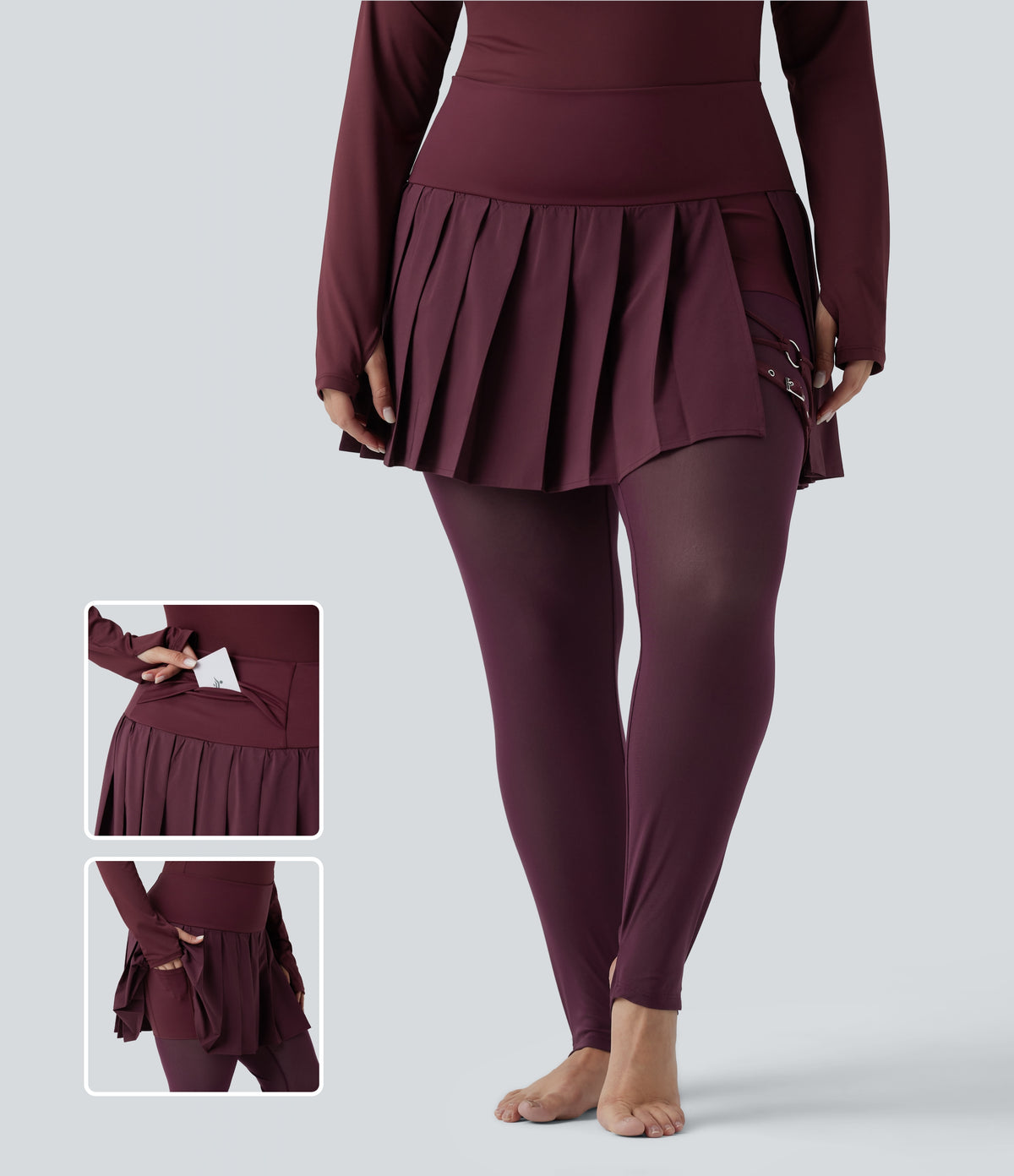 High Waisted Pleated 2-in-1 Contrast Mesh Quick Dry Dance Plus Size Stirrup Skirted Leggings with Pockets — Amaranth — view 1