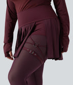 High Waisted Pleated 2-in-1 Contrast Mesh Quick Dry Dance Plus Size Stirrup Skirted Leggings with Pockets — Amaranth — view 6