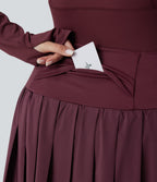 High Waisted Pleated 2-in-1 Contrast Mesh Quick Dry Dance Plus Size Stirrup Skirted Leggings with Pockets — Amaranth — view 4
