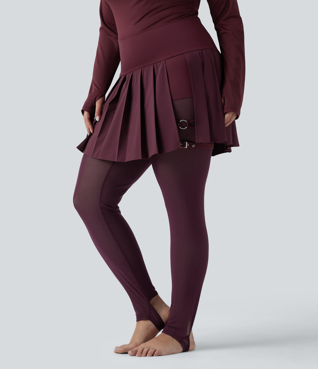 High Waisted Pleated 2-in-1 Contrast Mesh Quick Dry Dance Plus Size Stirrup Skirted Leggings with Pockets — Amaranth — view 3