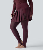High Waisted Pleated 2-in-1 Contrast Mesh Quick Dry Dance Plus Size Stirrup Skirted Leggings with Pockets — Amaranth — view 3