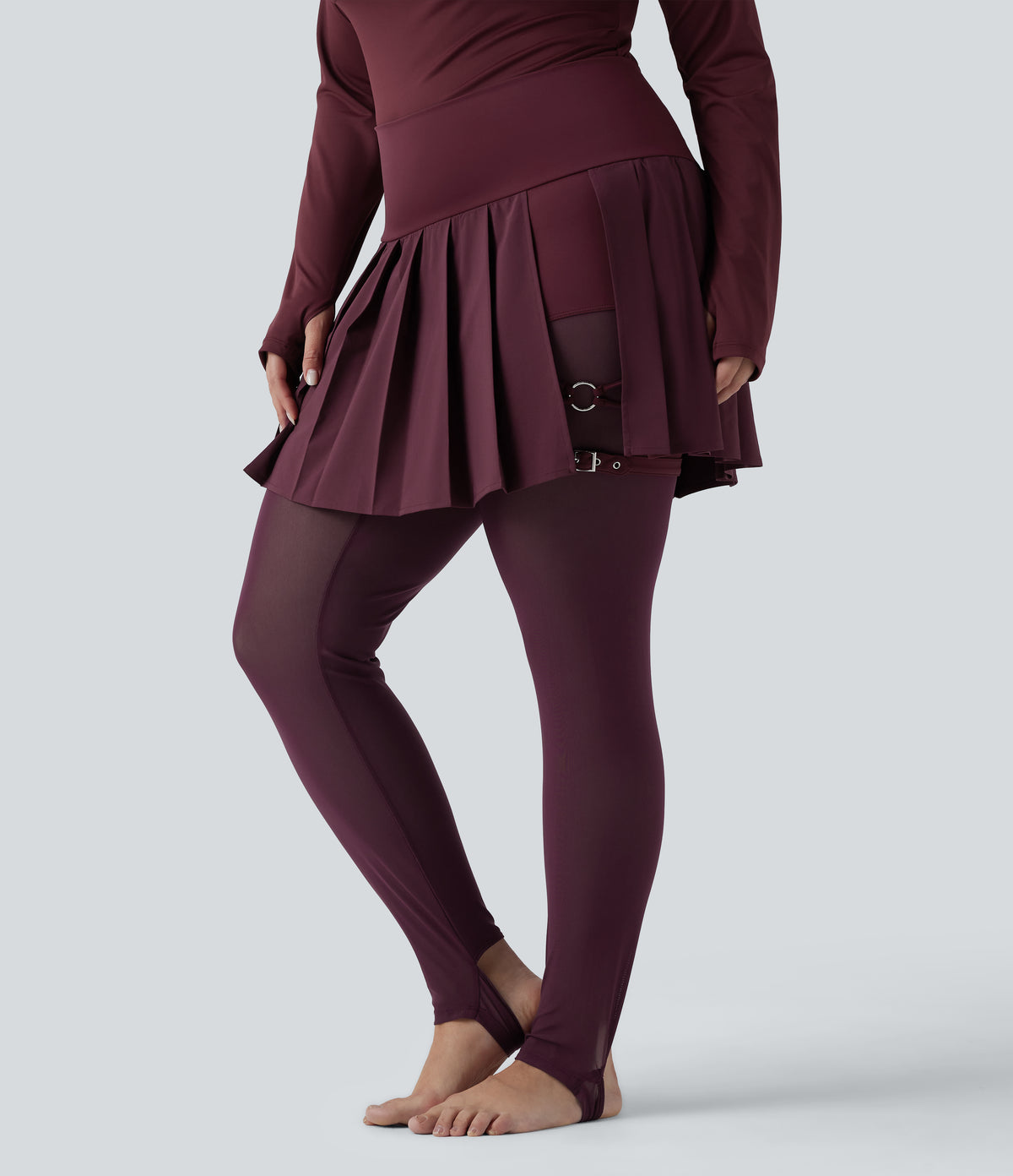 High Waisted Pleated 2-in-1 Contrast Mesh Quick Dry Dance Plus Size Stirrup Skirted Leggings with Pockets — Amaranth — view 3