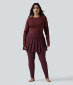 High Waisted Pleated 2-in-1 Contrast Mesh Quick Dry Dance Plus Size Stirrup Skirted Leggings with Pockets — Amaranth — view 8