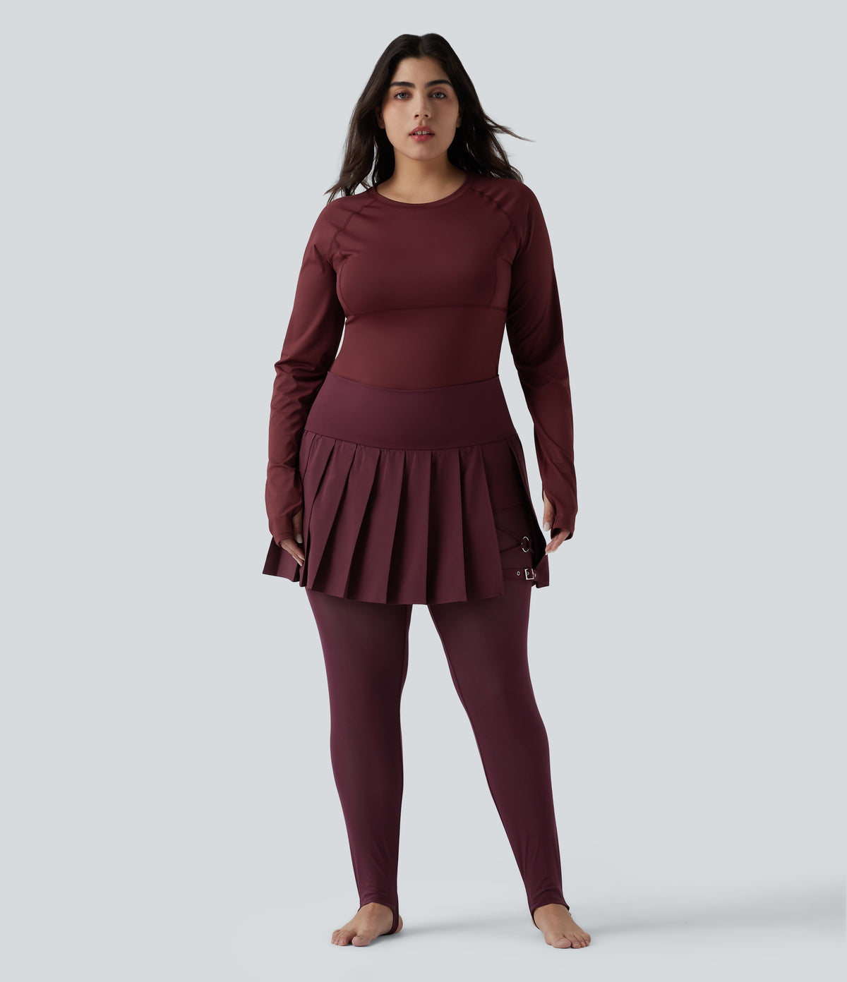 High Waisted Pleated 2-in-1 Contrast Mesh Quick Dry Dance Plus Size Stirrup Skirted Leggings with Pockets — Amaranth — view 8