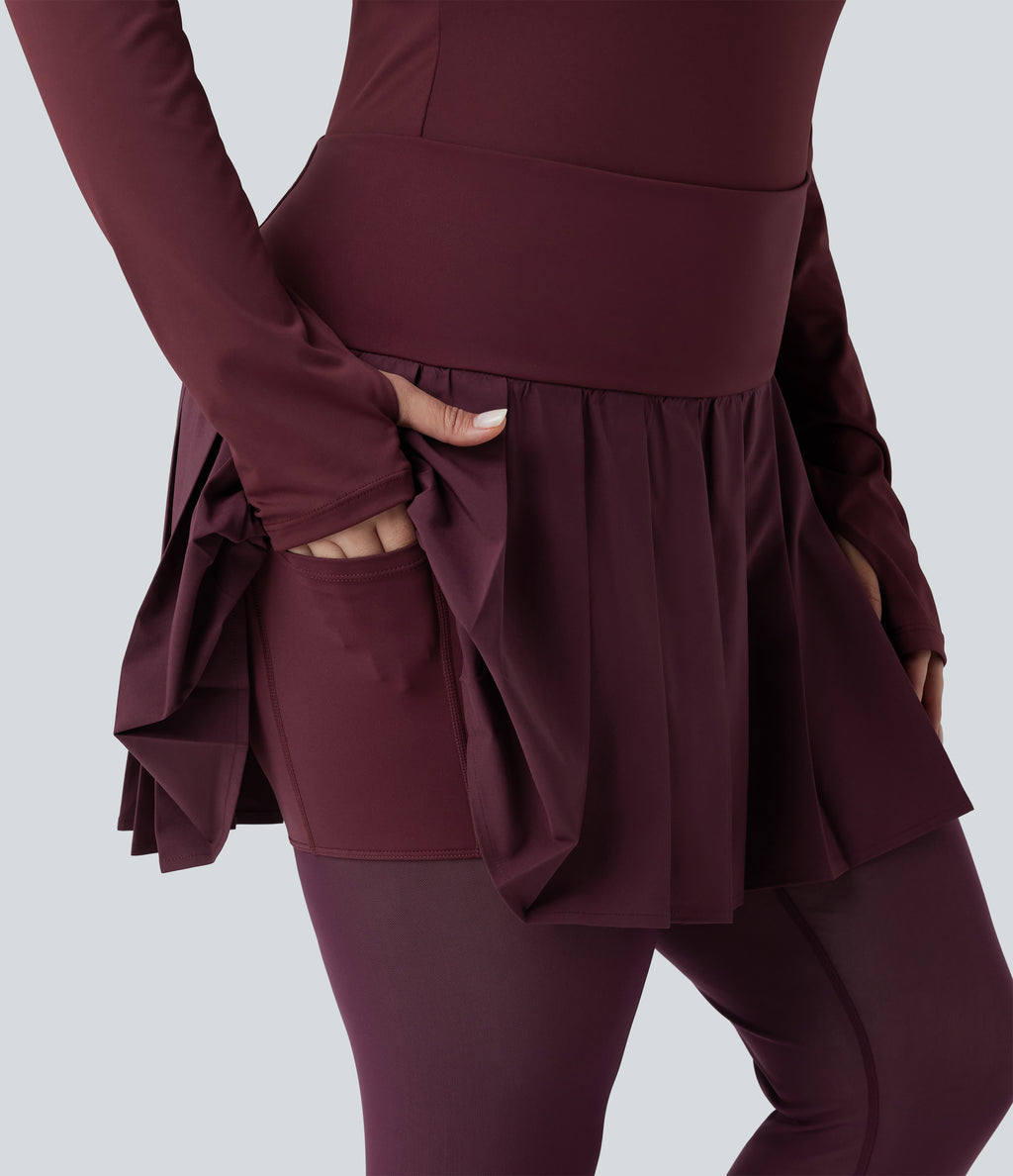 High Waisted Pleated 2-in-1 Contrast Mesh Quick Dry Dance Plus Size Stirrup Skirted Leggings with Pockets — Amaranth — view 5