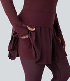High Waisted Pleated 2-in-1 Contrast Mesh Quick Dry Dance Plus Size Stirrup Skirted Leggings with Pockets — Amaranth — view 5
