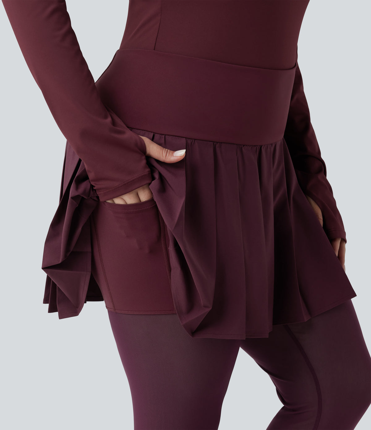 High Waisted Pleated 2-in-1 Contrast Mesh Quick Dry Dance Plus Size Stirrup Skirted Leggings with Pockets — Amaranth — view 5