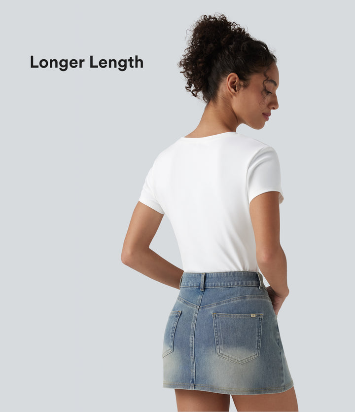 Round Neck Slim Casual Baby Tee-Longer Length — White — view 1