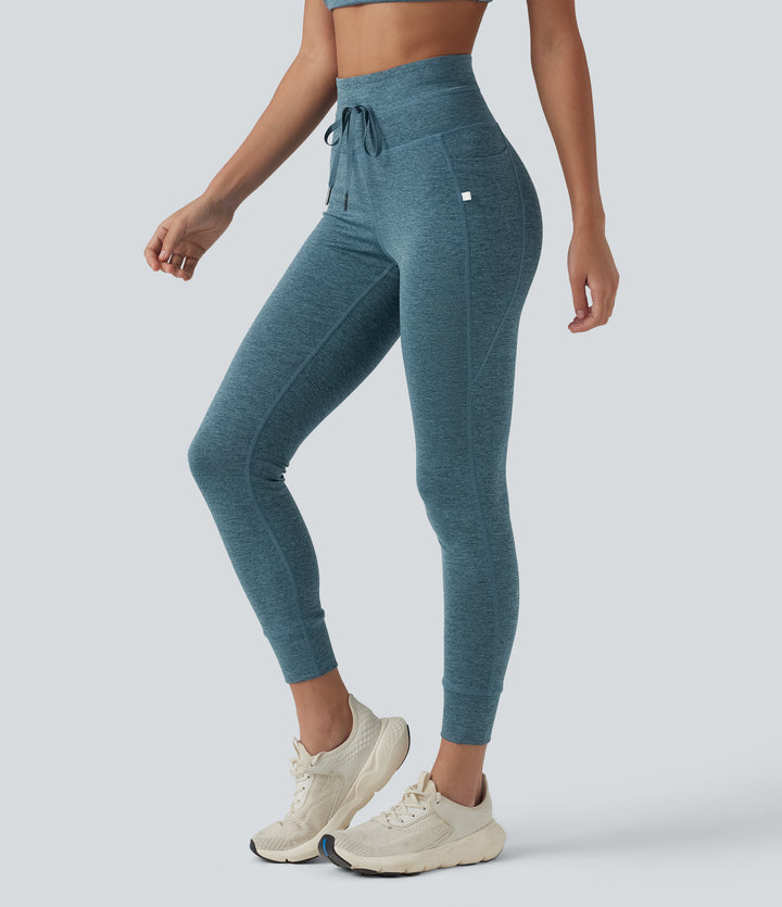 Heathered High Waisted Drawstring Quick Dry Yoga 7/8 Leggings with Pockets — Dark Grey Mélange — view 1