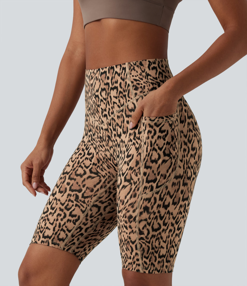 Leopard Print High Waisted Scrunch Butt Lifting Tummy Control Training Biker Shorts 9'' with Pockets — Tan Leopard — view 2
