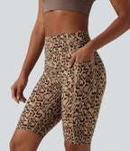 Leopard Print High Waisted Scrunch Butt Lifting Tummy Control Training Biker Shorts 9'' with Pockets — Tan Leopard — view 2