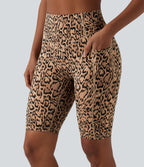 Leopard Print High Waisted Scrunch Butt Lifting Tummy Control Training Biker Shorts 9'' with Pockets — Tan Leopard — view 5