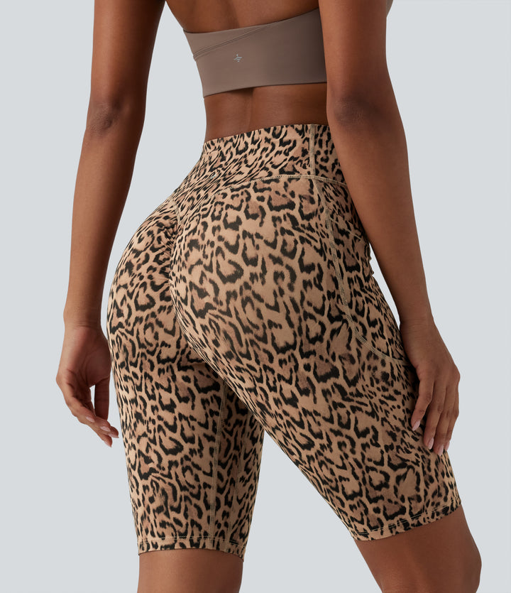 Leopard Print High Waisted Scrunch Butt Lifting Tummy Control Training Biker Shorts 9'' with Pockets — Tan Leopard — view 1
