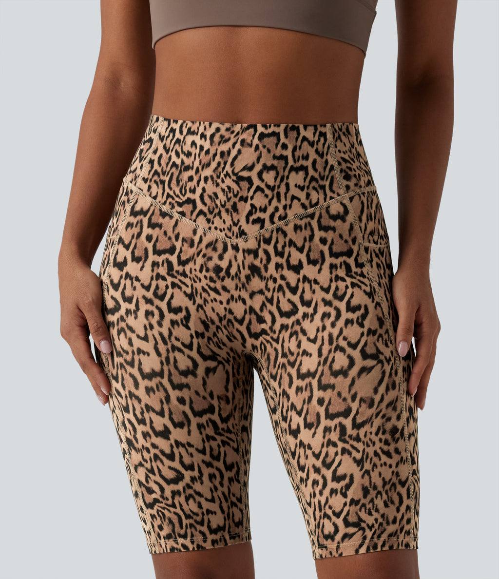 Leopard Print High Waisted Scrunch Butt Lifting Tummy Control Training Biker Shorts 9'' with Pockets — Tan Leopard — view 3