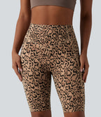 Leopard Print High Waisted Scrunch Butt Lifting Tummy Control Training Biker Shorts 9'' with Pockets — Tan Leopard — view 3