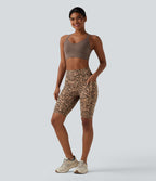 Leopard Print High Waisted Scrunch Butt Lifting Tummy Control Training Biker Shorts 9'' with Pockets — Tan Leopard — view 6