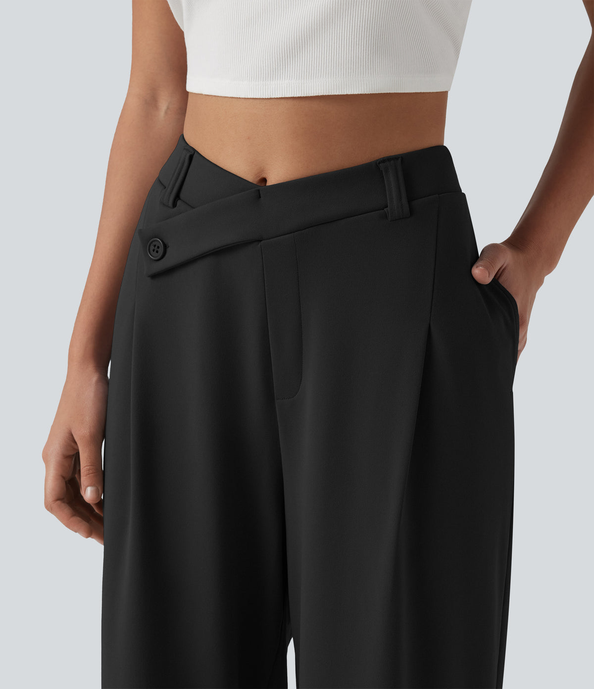 Asymmetric High Waisted Work Baggy Trousers with Pockets — Black — view 4