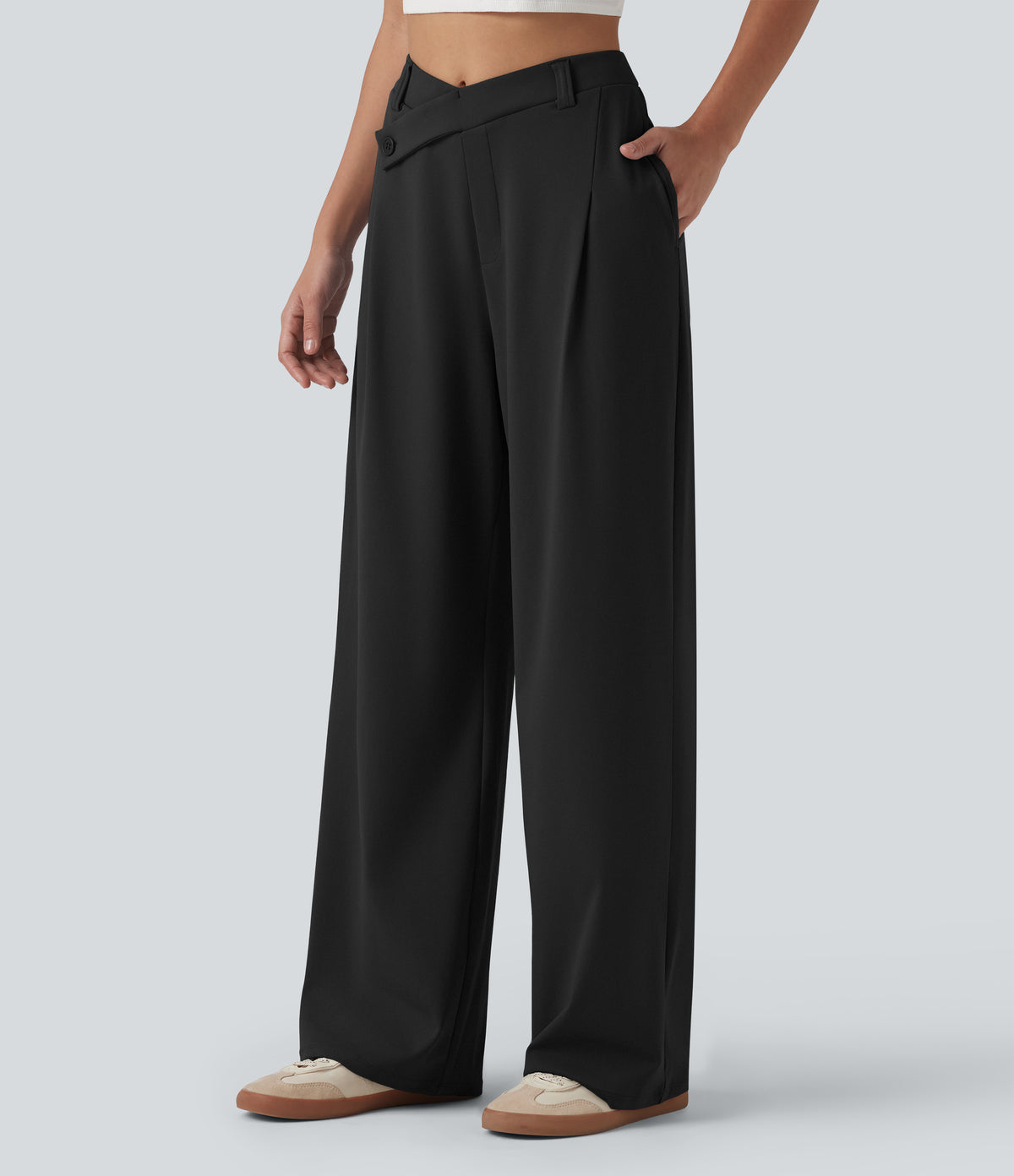 Asymmetric High Waisted Work Baggy Trousers with Pockets — Black — view 3
