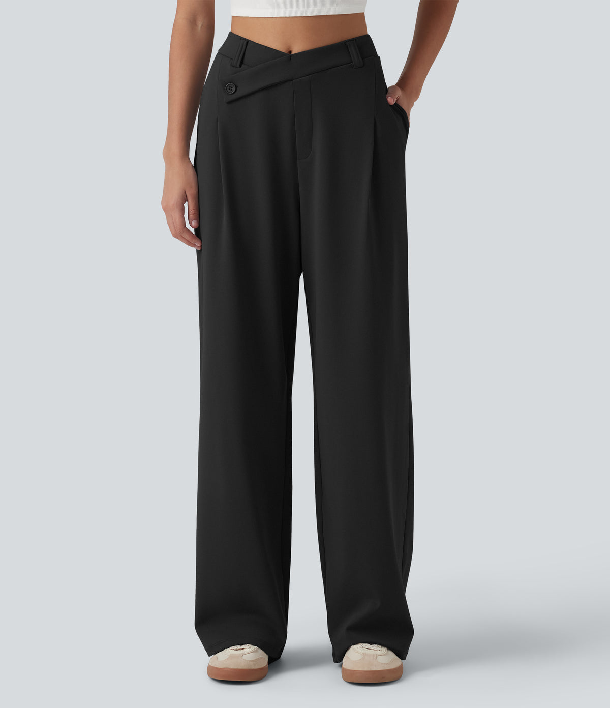 Asymmetric High Waisted Work Baggy Trousers with Pockets — Black — view 1