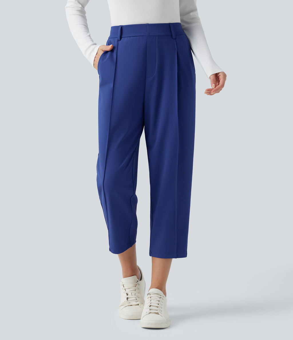 High Waisted Cropped Work Tapered Trousers with Pockets — Sodalite Blue — view 3