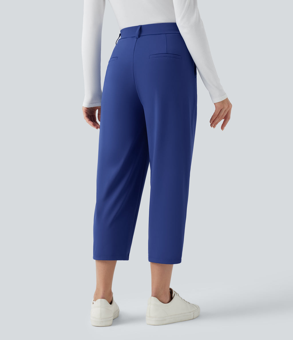 High Waisted Cropped Work Tapered Trousers with Pockets — Sodalite Blue — view 2