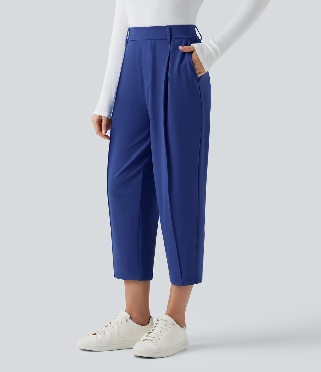 High Waisted Cropped Work Tapered Trousers with Pockets — Sodalite Blue — view 1