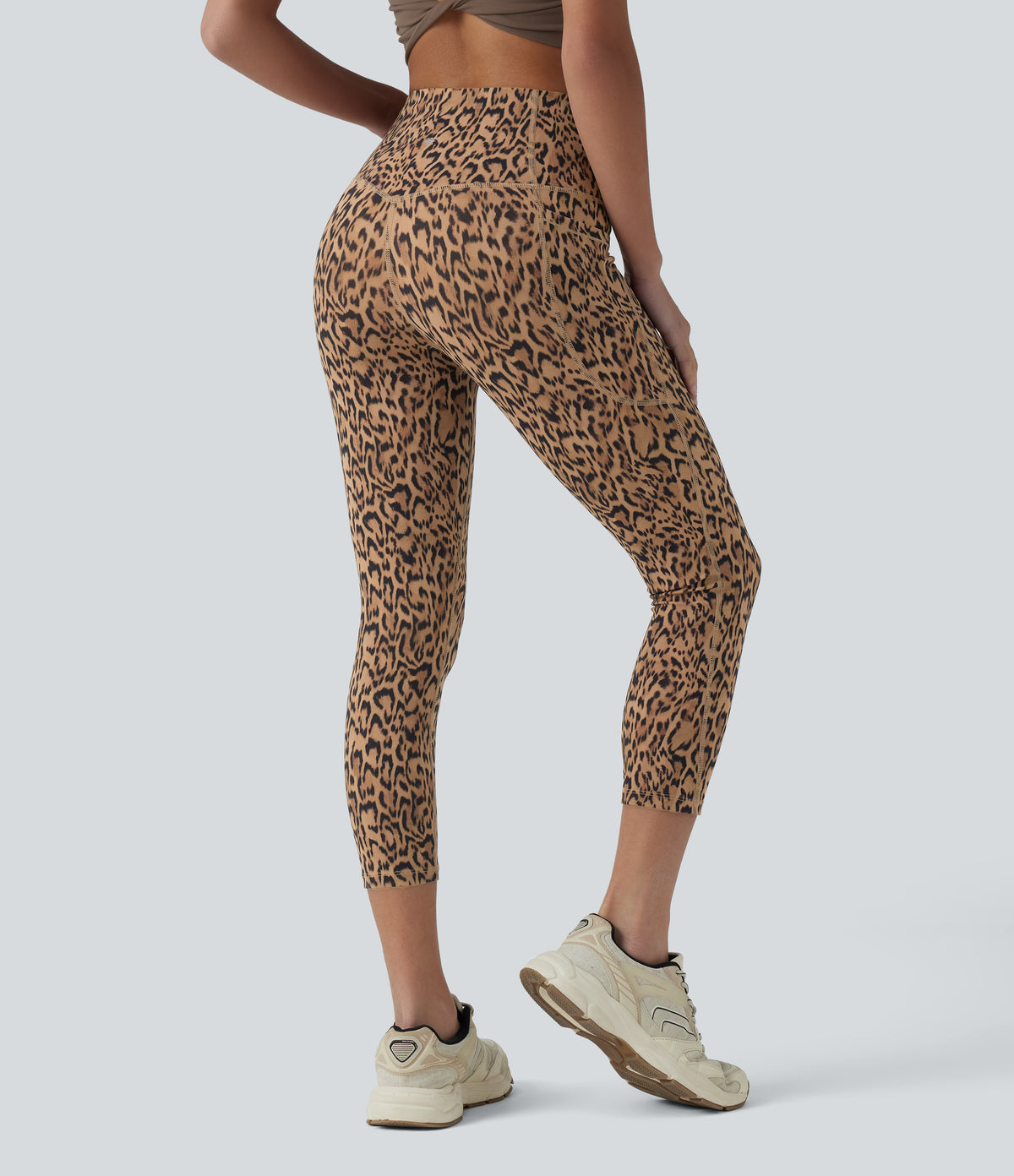 Leopard Print High Waisted Tummy Control Training Capri Leggings with Pockets — Tan Leopard — view 2