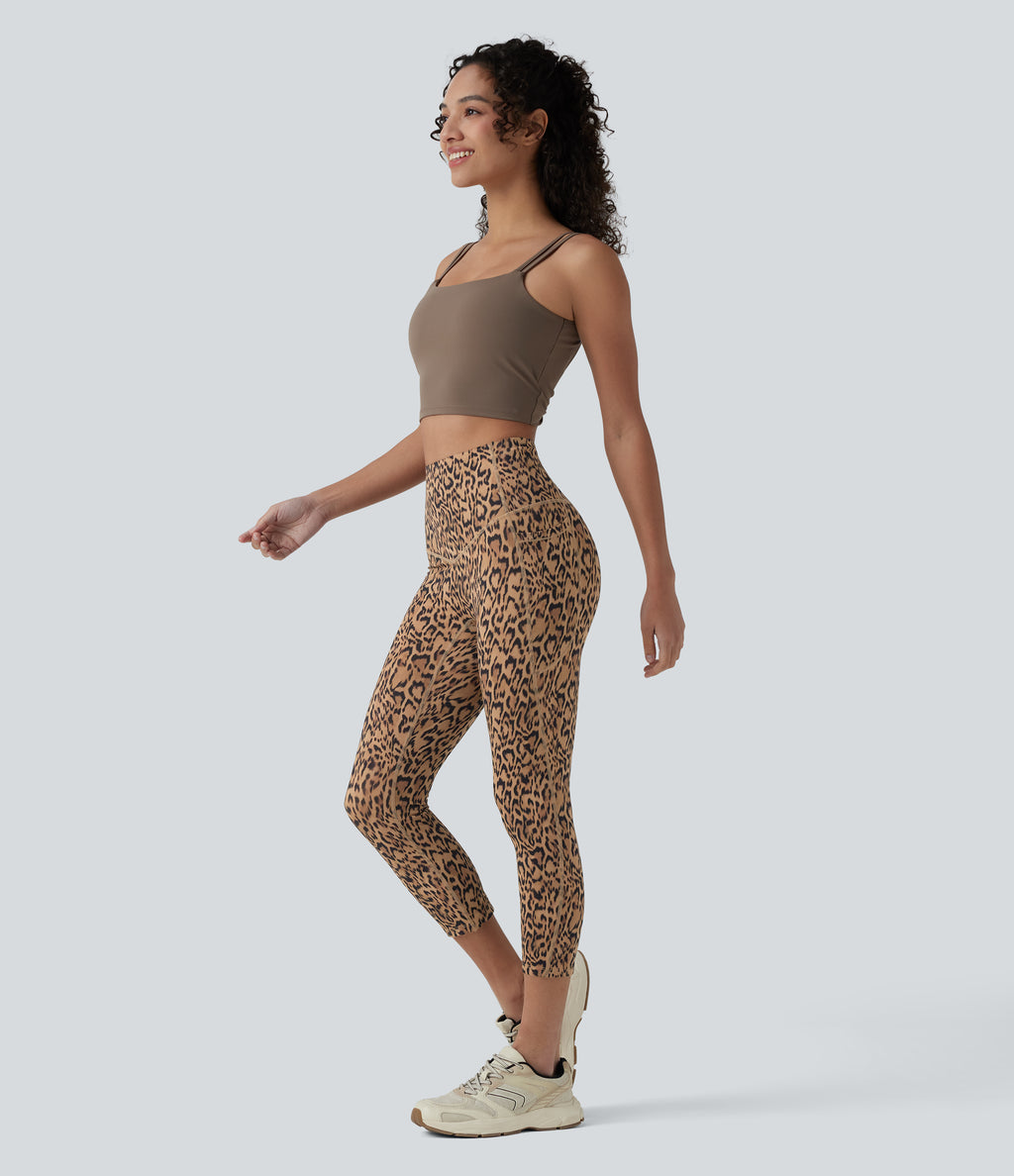 Leopard Print High Waisted Tummy Control Training Capri Leggings with Pockets — Tan Leopard — view 6