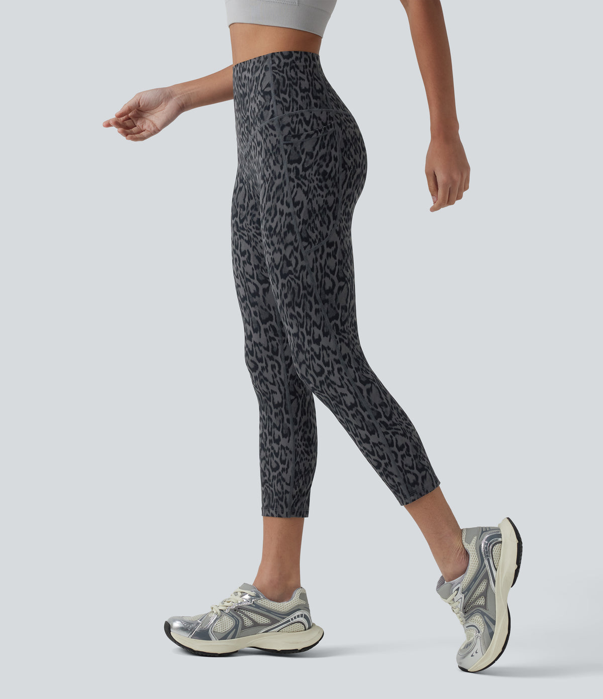 Leopard Print High Waisted Tummy Control Training Capri Leggings with Pockets — Shadow Leopard — view 8