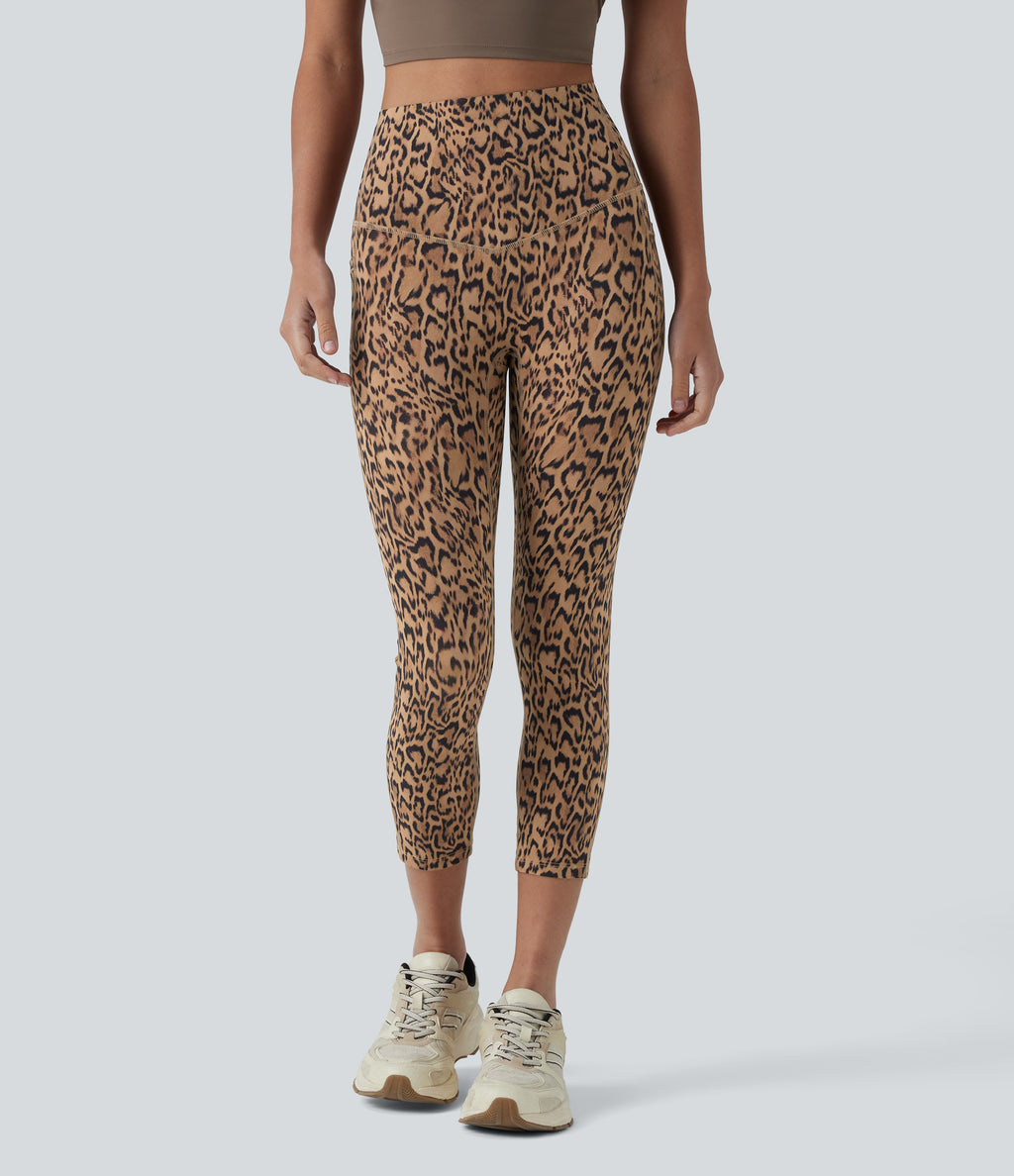 Leopard Print High Waisted Tummy Control Training Capri Leggings with Pockets — Tan Leopard — view 3