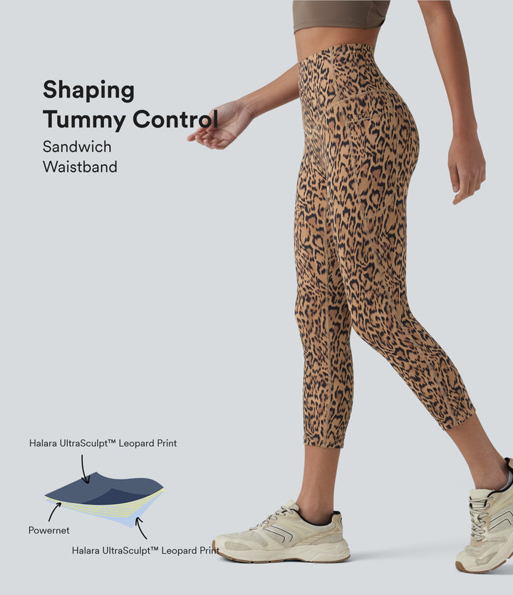 Leopard Print High Waisted Tummy Control Training Capri Leggings with Pockets — Tan Leopard — view 1