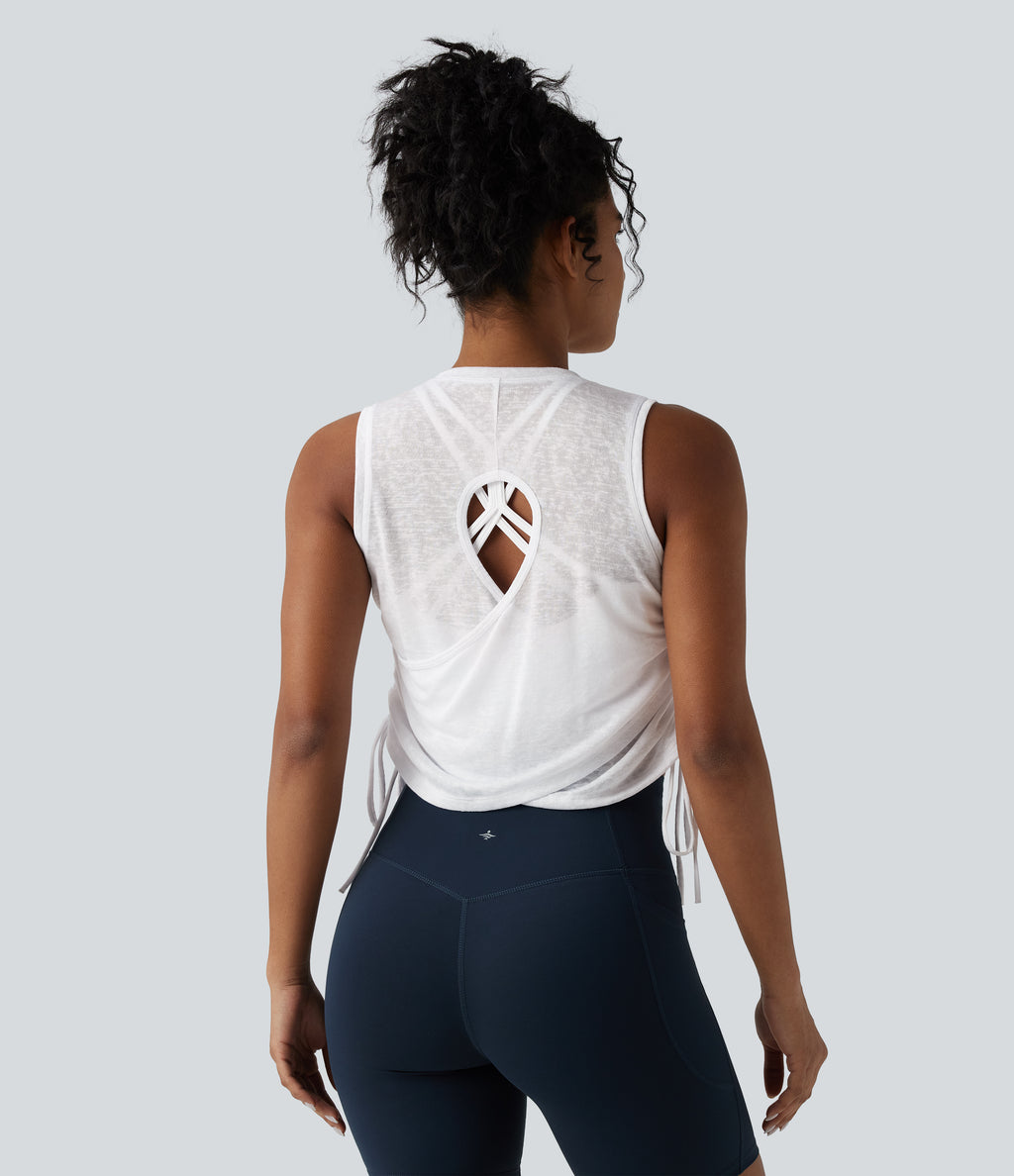 Crossover Cut-out Back Drawstring Hem Workout Tank Top — White — view 2