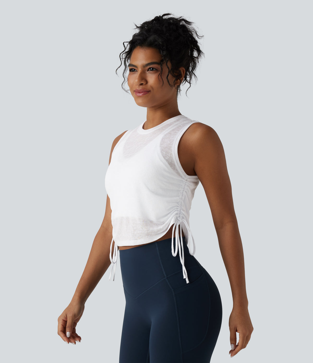 Crossover Cut-out Back Drawstring Hem Workout Tank Top — White — view 4