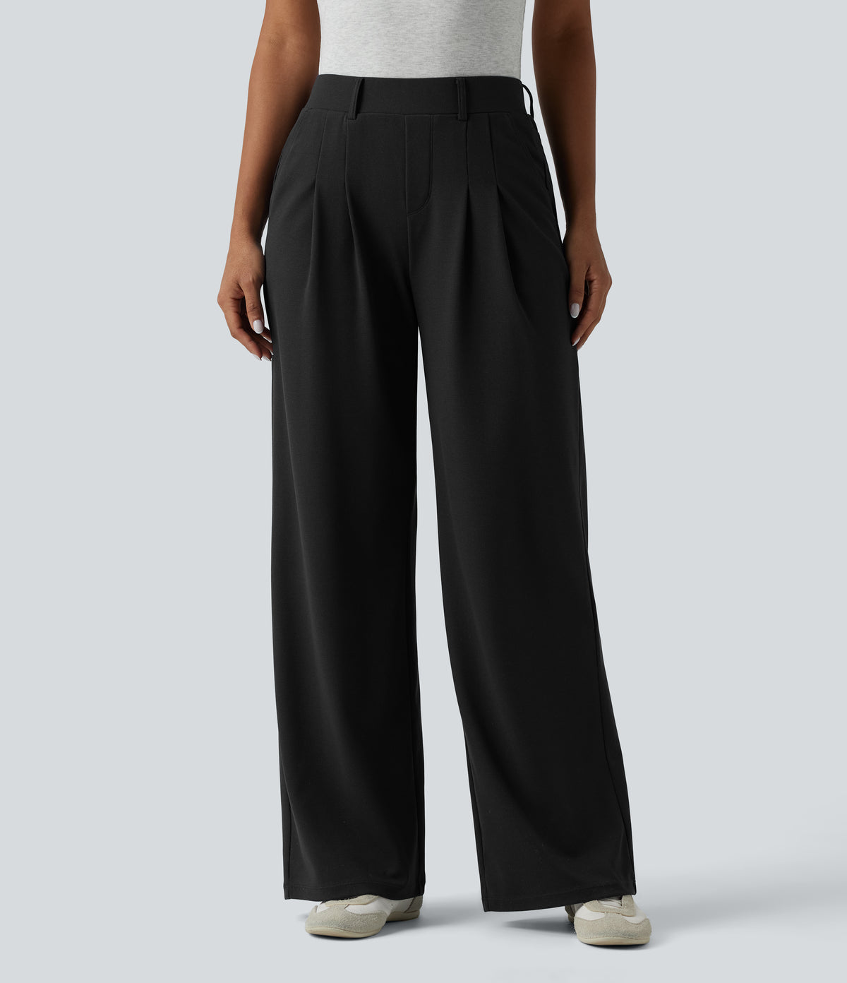 Mid Rise Wide Leg Waffle Casual Trousers with Pockets — Black — view 1