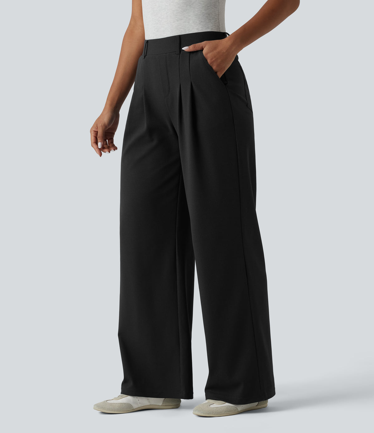 Mid Rise Wide Leg Waffle Casual Trousers with Pockets — Black — view 3