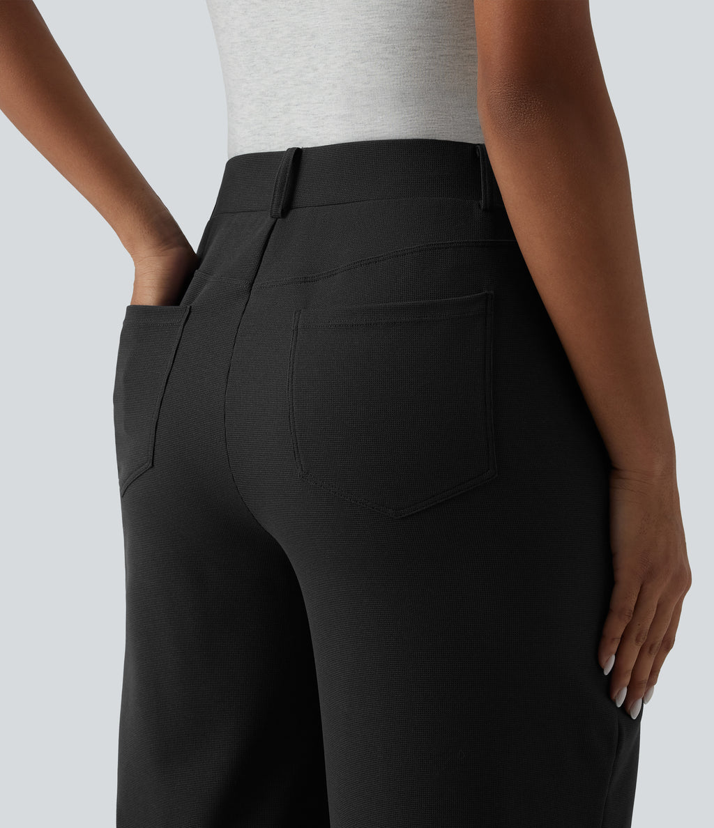 Mid Rise Wide Leg Waffle Casual Trousers with Pockets — Black — view 4