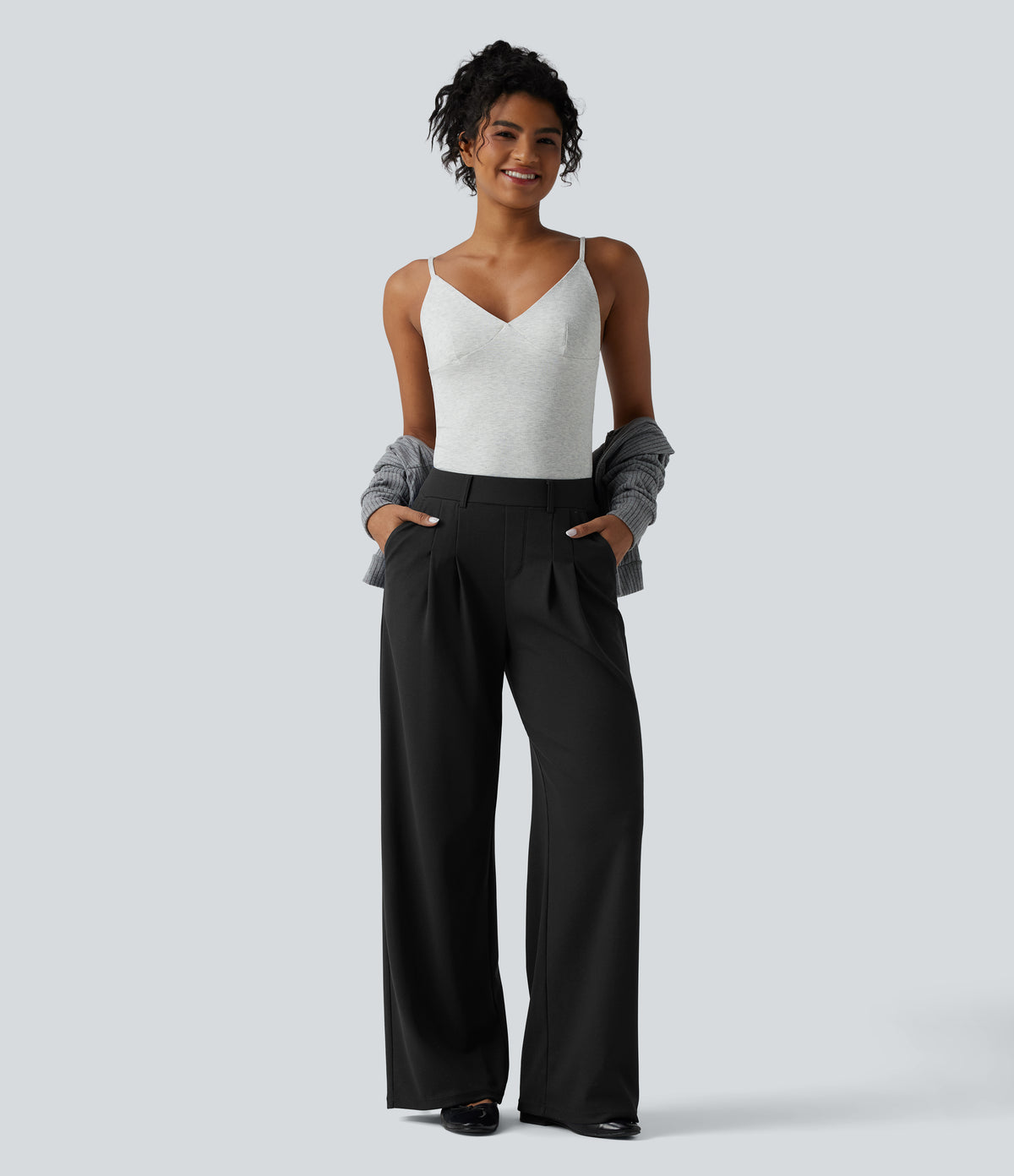 Mid Rise Wide Leg Waffle Casual Trousers with Pockets — Black — view 6