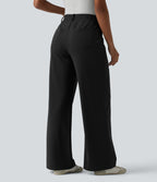 Mid Rise Wide Leg Waffle Casual Trousers with Pockets — Black — view 2