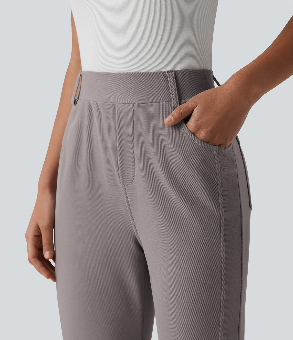 High Waisted Micro Waffle Casual Bootcut Trousers with Pockets — Satellite — view 4