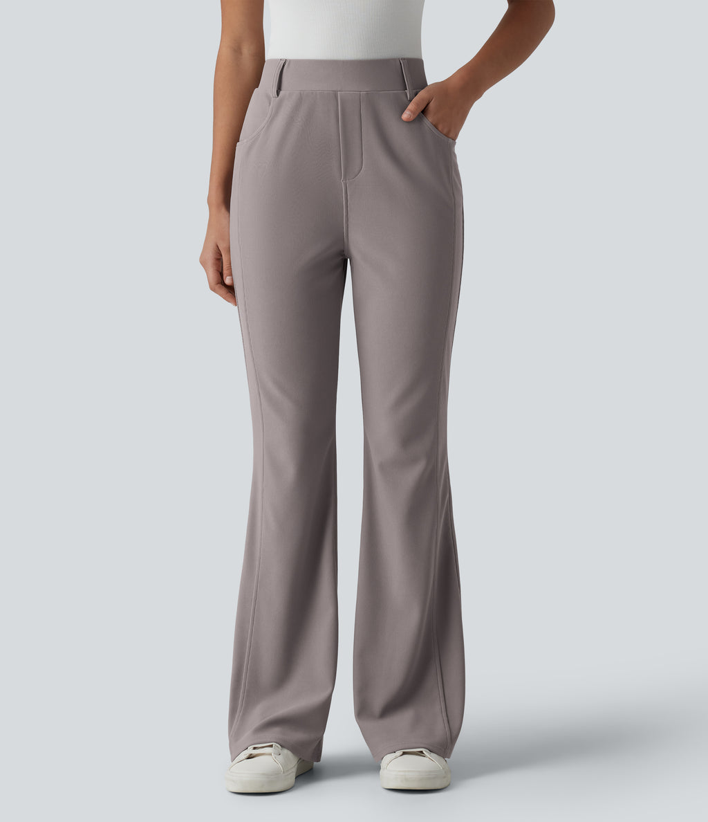 High Waisted Micro Waffle Casual Bootcut Trousers with Pockets — Satellite — view 3