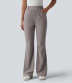 High Waisted Micro Waffle Casual Bootcut Trousers with Pockets — Satellite — view 3