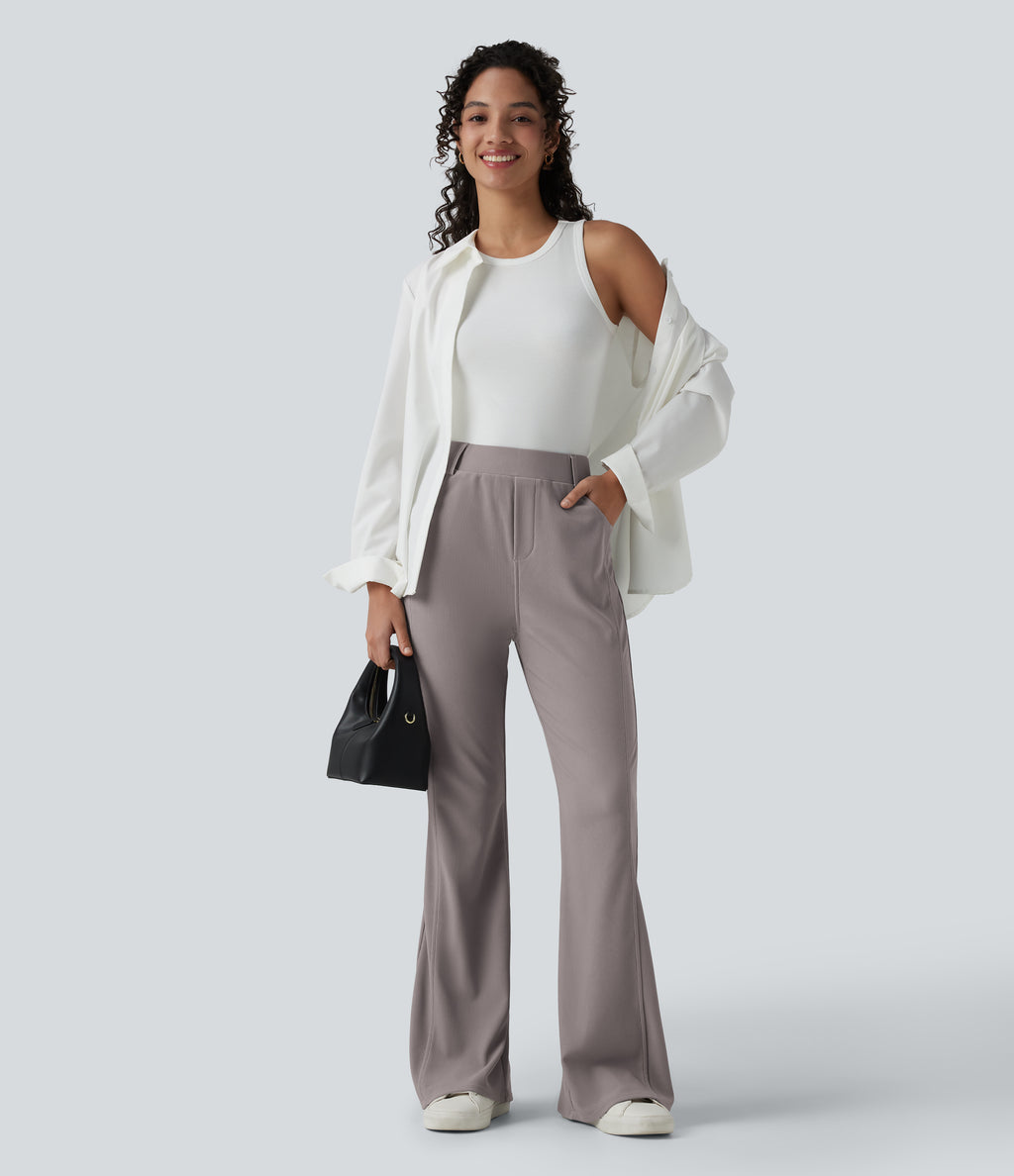 High Waisted Micro Waffle Casual Bootcut Trousers with Pockets — Satellite — view 6