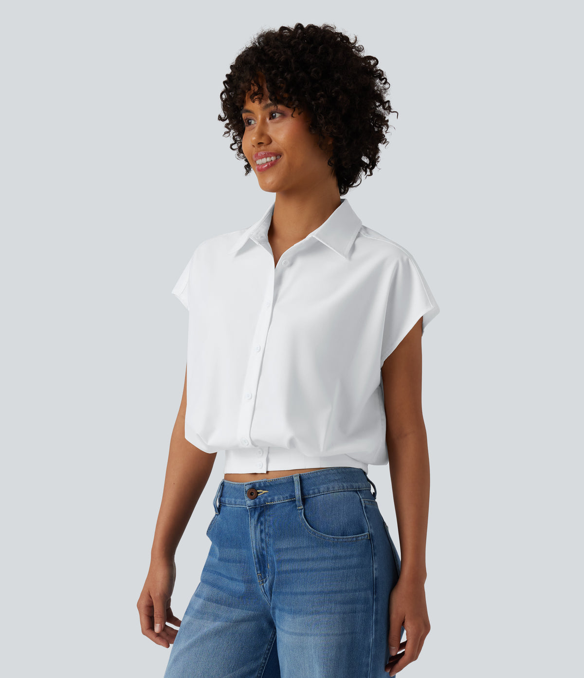 Collar Cap Sleeve Button Fly Casual Shirt — White — view 1