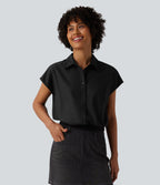 Collar Cap Sleeve Button Fly Casual Shirt — Black — view 6
