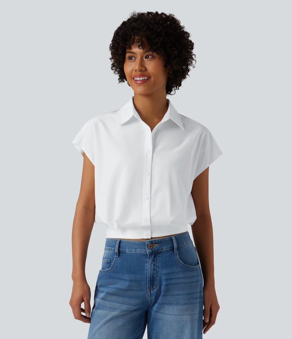 Collar Cap Sleeve Button Fly Casual Shirt — White — view 3