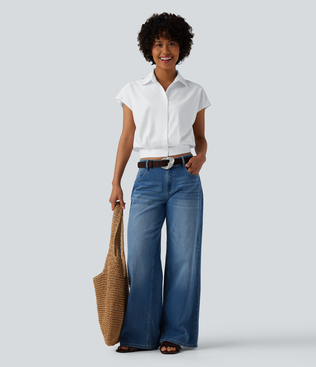 Collar Cap Sleeve Button Fly Casual Shirt — White — view 5